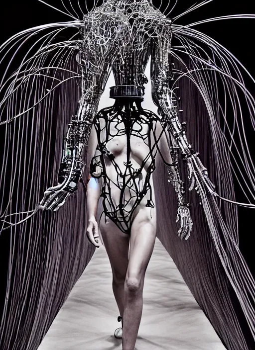 Image similar to walking down the catwalk, steven klein, mert alas and marcus piggott, show, stage, vogue photo, podium, fashion show photo, iris van herpen, beautiful woman, full body shot, masterpiece, inflateble shapes, plant predator, guyver, jellyfish, wires, veins, biomechanical details, bionic cyborg implants, colourfull