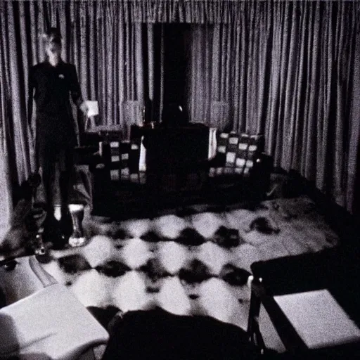 Prompt: the black lodge, Twin Peaks (1990), eerie surreal nightmare, david lynch, red curtains, ominous