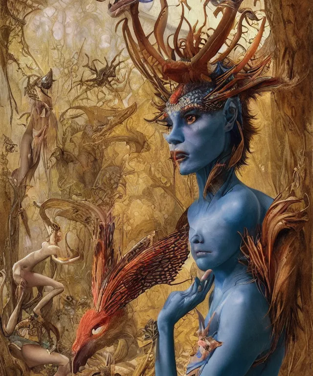 Image similar to a portrait photograph of a meditating fierce colorful harpy antilope super villian with slimy amphibian scaled blue skin. her body is partially transformed into a beast. by donato giancola, hans holbein, walton ford, gaston bussiere, peter mohrbacher and brian froud. 8 k, cgsociety, fashion editorial