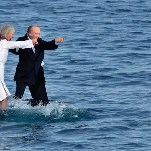 Image similar to biden and putin dancing on the ocean, close up, high quality photograph