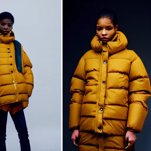 Image similar to realistic photoshooting for a new balenciaga lookbook color film photography of a beautiful woman model, model wears a puffer jacket, photo in style of tyler mitchell, ssense