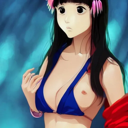 Prompt: a beautiful young japanese natalie portman alluring gravure model, anime graphic illustration, wearing oversized designer bomber jacket and one piece bikini, bulky poofy bomber jacket with mesoamerican patterns, mesoamerican native street fashion, princess mononoke screenshot, aesthetic, gorgeous, stunning, alluring, attractive, artstation, pinterest, digital art