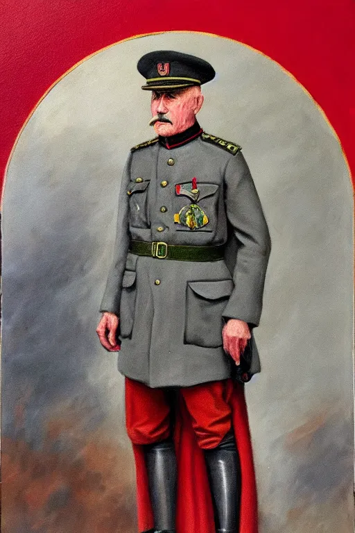 Image similar to ww 1 general wearing drab grey uniform, long red heroic cape with green trim on his back, oil on canvas