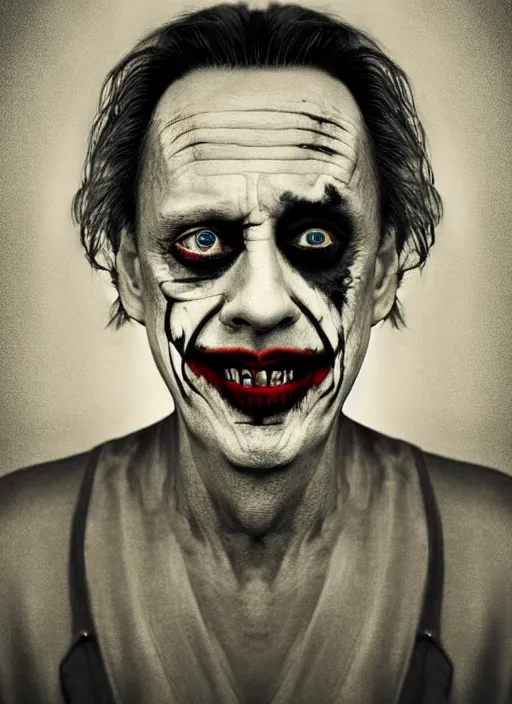 Prompt: photo of Steve Buscemi as the Joker by Eolo Perfido and Lee Jeffries, big smile, head shot, detailed, award winning, Sony a7R