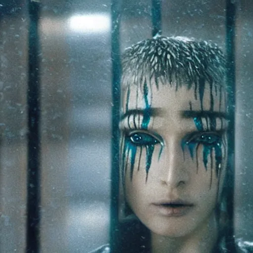 Prompt: cinematic portrait of a runaway replicant with tribal facepaint and a blue transparent plastic raincoat in an empty room, still from the movie bladerunner, fashion photography