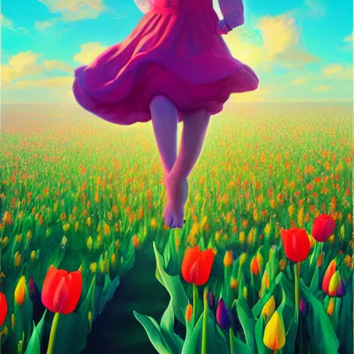 Prompt: tulip face, girl floating in a flower field, surreal photography, sunrise dramatic light, impressionist painting, colorful clouds, digital painting, artstation, simon stalenhag