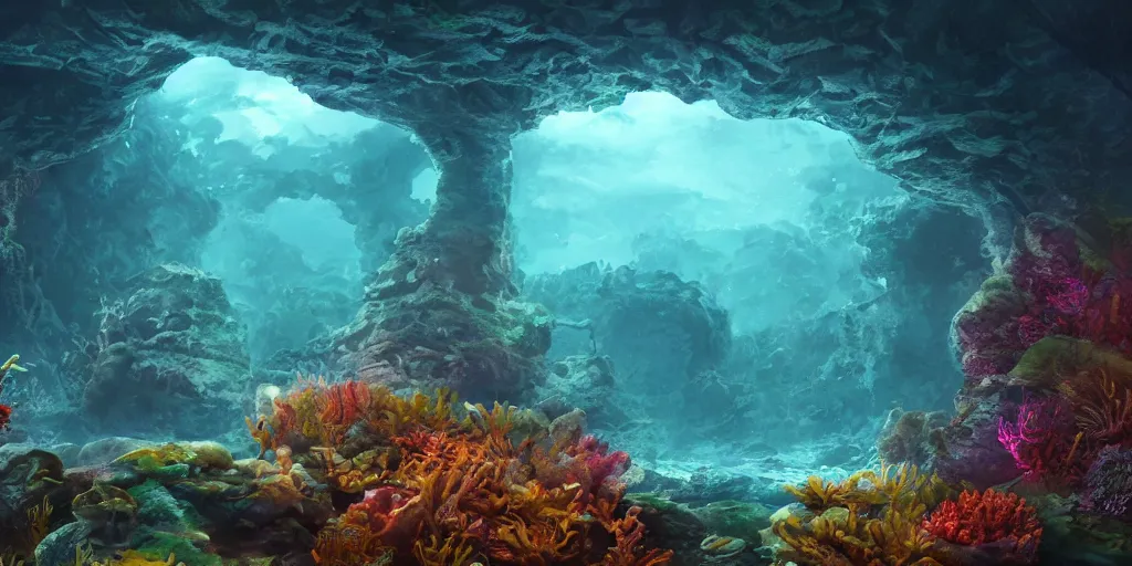 Prompt: an ancient sunken temple structure, overgrown, mystical underwater shot, colorful coral reef, filtered diffraction lighting, fantasy digital art, trending on artstation