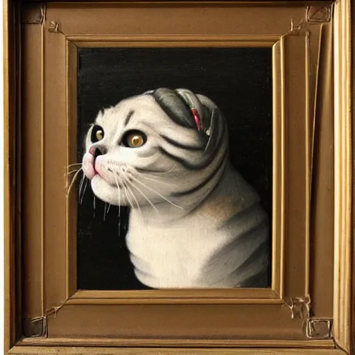 Image similar to a renaissance style portrait painting of a scottish fold cat, wearing a crown and cape, dark background