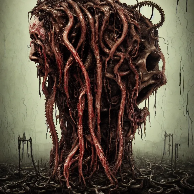 Prompt: ribbed abandoned melting surreal dripping face portrait, covered with tentacles, spines, roots and organic rotten flesh meat, baroque painting, standing in a desolate empty wasteland, creepy, nightmare, dream-like heavy atmosphere, surreal abandoned buildings, beautiful detailed intricate insanely detailed octane render trending on Artstation, 8K artistic photography, photorealistic, chiaroscuro, Raphael, Caravaggio, Beksinski, Giger