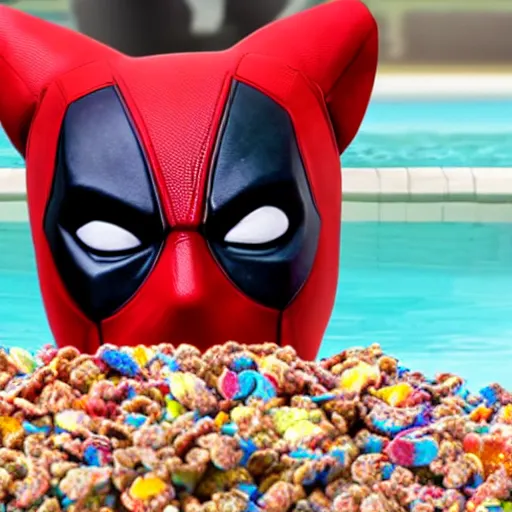 Prompt: Deadpool at home swimming in a bathtub full of fruity pebbles cereal