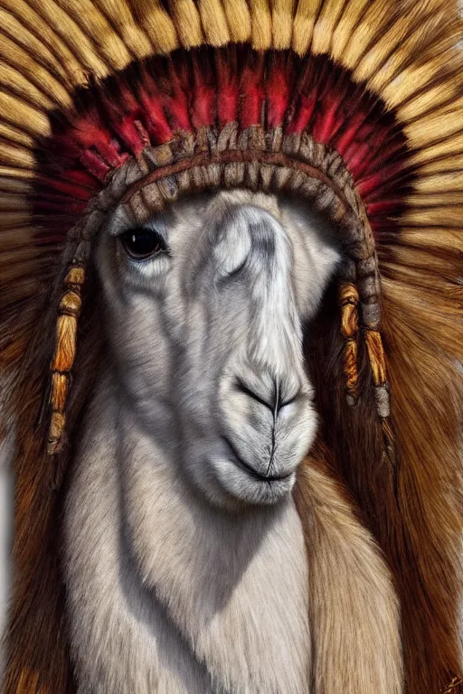 Image similar to hyperrealism close-up portrait llama in War bonnet in style of da Vinci