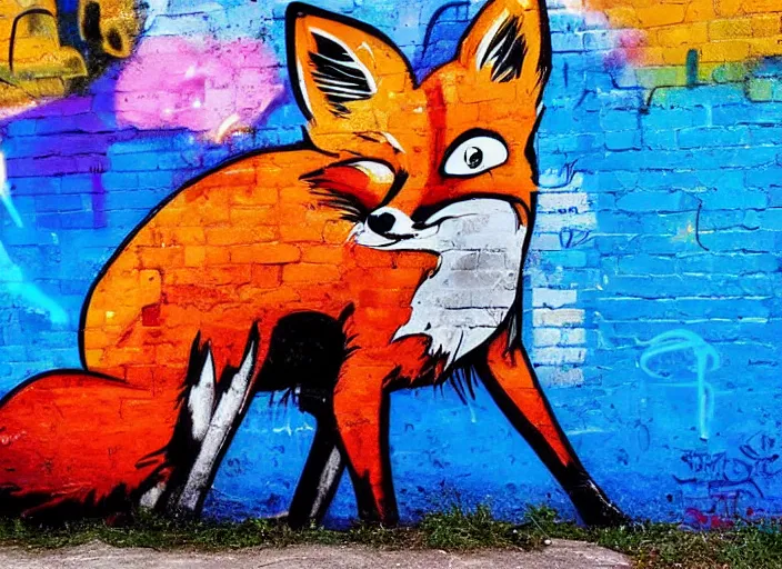 Image similar to fox graffiti, dirty wall, alley, impressive, colorful, photograph