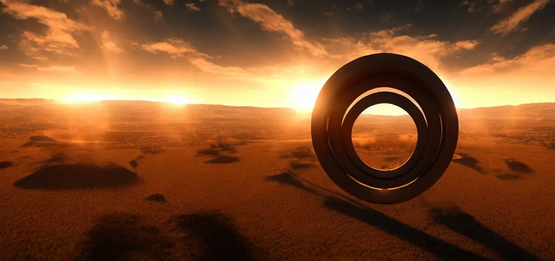 Prompt: stargate made of metal that form a circle and opens a portal to texas, cinematic view, epic sky highly detailed single ray of golden sunlight, beautiful, cgssociety, artstation, 8 k