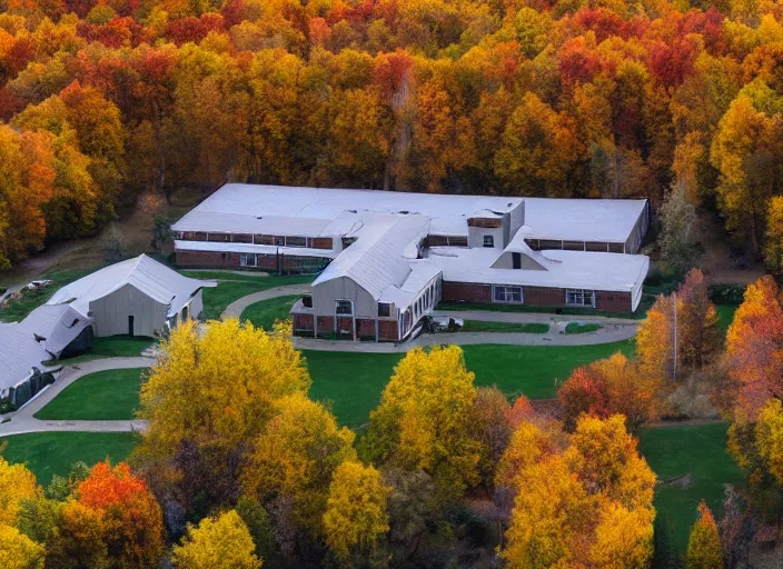 Image similar to low drone shot of a beautiful ranch style School campus in the middle of the Woods during autumn