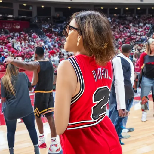 Prompt: woman on a basketball court in a chicago bulls jersey