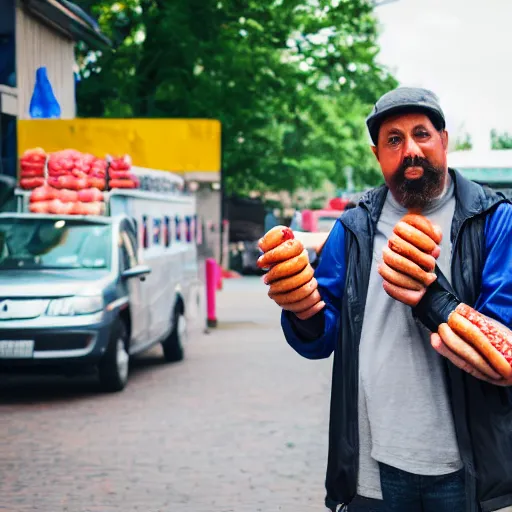 Image similar to weird man selling hotdogs, 🌭, canon eos r 3, f / 1. 4, iso 2 0 0, 1 / 1 6 0 s, 8 k, raw, unedited, symmetrical balance, wide angle