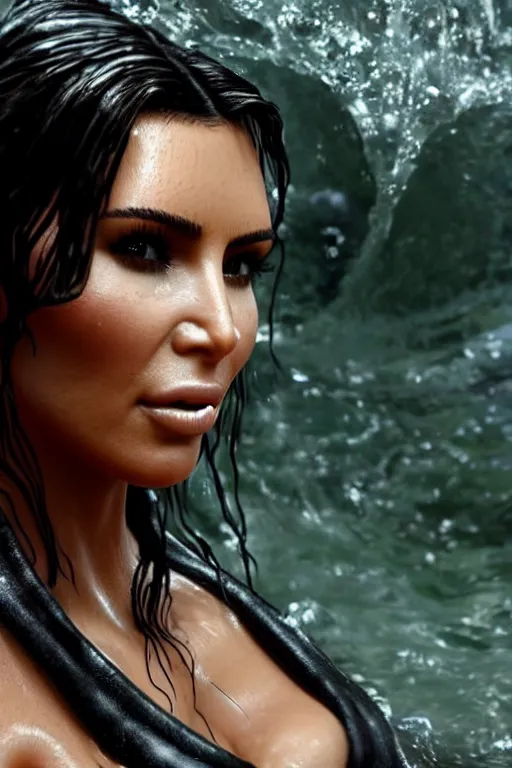 Image similar to a film still of kim kardashian as lara croft, close up face detail, muscular, wet body, model photography, wet dripping hair, emerging from the water