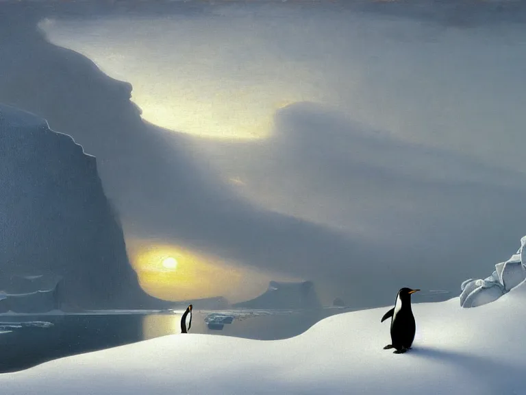 Image similar to an oil painting of a penguin playing in pure white snow on a misty iceberg at dusk. aurora. by tuomas korpi moebius and carl spitzweg. baroque elements. intricate artwork by caravaggio. oil painting. oil on canvas. award winning. dramatic. trending on artstation. 8 k