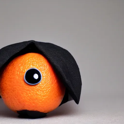 Prompt: an orange fruit character, little black eyes, wearing a superhero cape