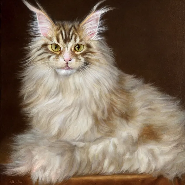 Prompt: A realistic renaissance oil painting of a Maine Coon cat, bi-colored with white and ginger fur, pale yellow eyes, portrait