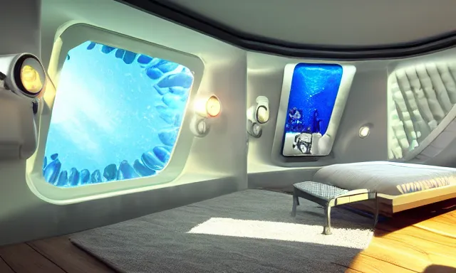 Prompt: a futuristic bedroom deep under the sea, photorealistic magazine picture, studio lighting, cozy, extremely detailed and realistic