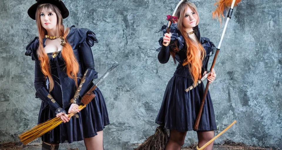 Image similar to young woman witch with magic wand and broom cosplay, she wears boots, full body shot, detailed face, photo taken by nikon, 4k, high quality, very detailed, intricant