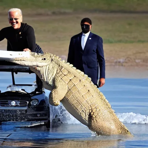 Image similar to ( joe biden ) surfing on top of a crocodile