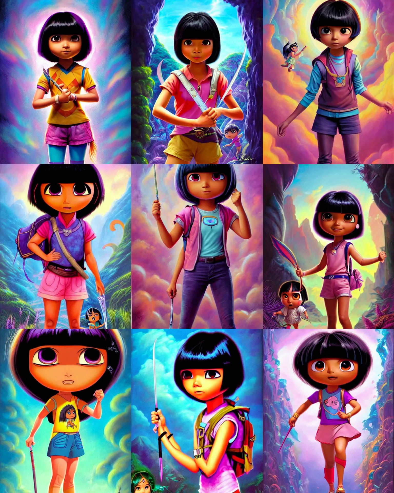 Prompt: an epic fantasy comic book style painting of a young malaysian woman as dora the explorer, expressive, pastel palette, dark piercing eyes, tan skin, beautiful futuristic hair style, awesome pose, character design by mark ryden pixar hayao miyazaki, ue 5