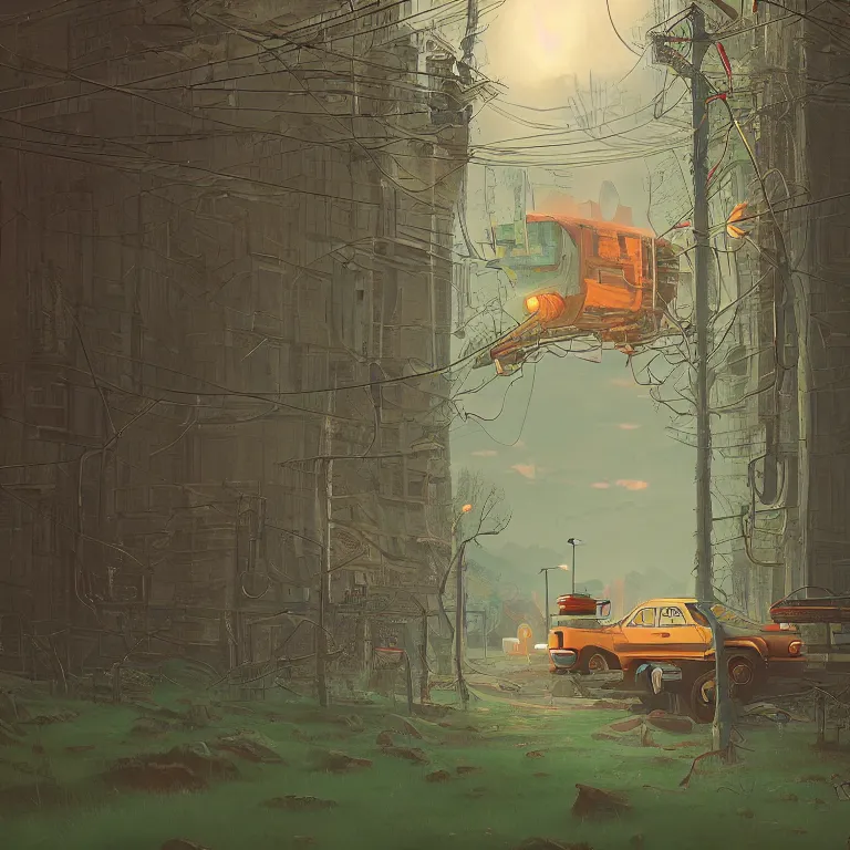 Image similar to through a portal. Detailed digital matte painting in the style of simon stalenhag