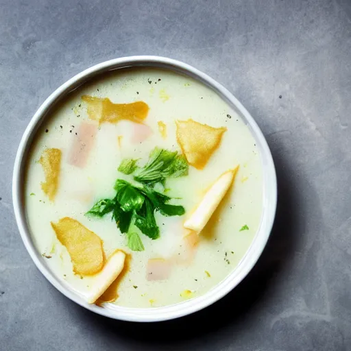 Prompt: a photo of white soup with chips