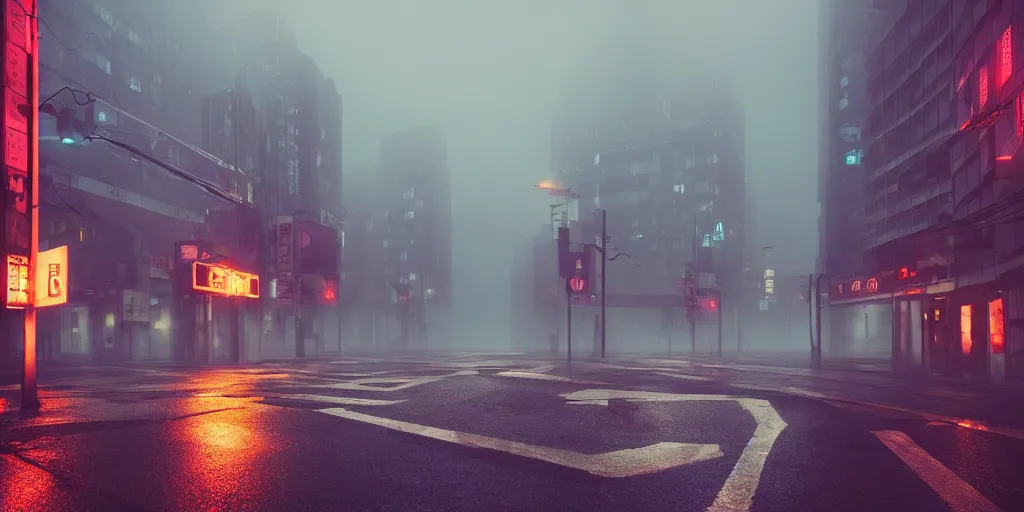 Prompt: deserted narrow cyberpunkstyle city street, fog, rain, neon sign, volumetric lighting, beautiful, golden hour, sharp focus, ultra detailed, cgsociety