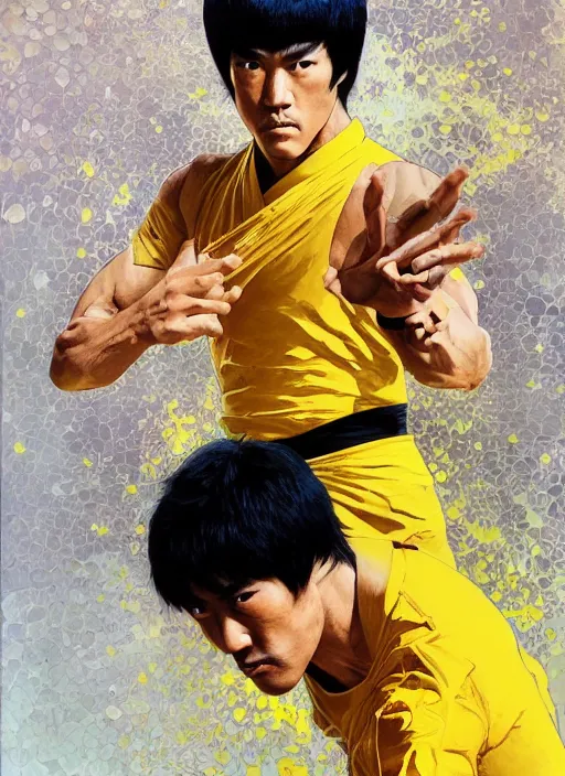 Prompt: bruce lee, yellow, spike aura in motion, floating pieces, painted art by tsuyoshi nagano, greg rutkowski, artgerm, alphonse mucha, spike painting