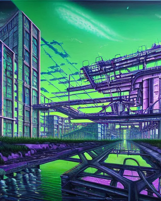 Image similar to a beautiful ultradetailed painting of empire nature industrial architecture unfinished building abandoned urbex building city by stanley spencer, nature at night neon noir evil lake uv light biopunk vaporwave universe retrowave tron, archdaily, wallpaper, highly detailed, trending on artstation.