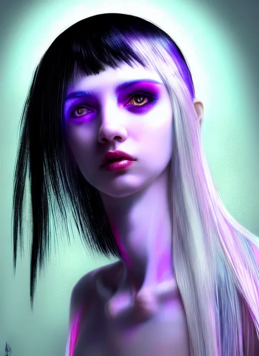 Image similar to hair whitebangs hair, black cyberlox, portrait of teenage girl with white bangs, whitebangsblackhair, messy bangs, cyberlox, whitebangs, red irises, purple clothes, intricate, elegant, glowing lights, highly detailed, digital painting, artstation, concept art, sharp focus, illustration, art by wlop, mars ravelo and greg rutkowski