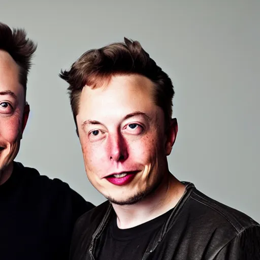 Prompt: A portrait photo of Elon Musk teams up with a teenage Elon Musk, perfect faces, 50 mm, award winning photography