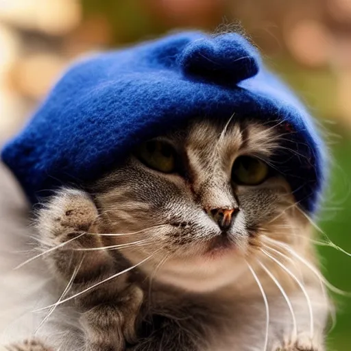 Image similar to cute cat with tongue mlem licking photo wearing wool hat doing mlem cat ears