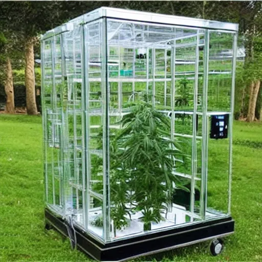 Prompt: cannabis home growing transparent cube glasshouse fully automated system, ideal for producing your every day herbs