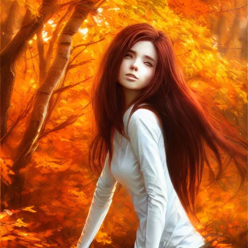 Prompt: girl with super long hair, hair becoming autumn red leaves, art by artgerm and greg rutkowski