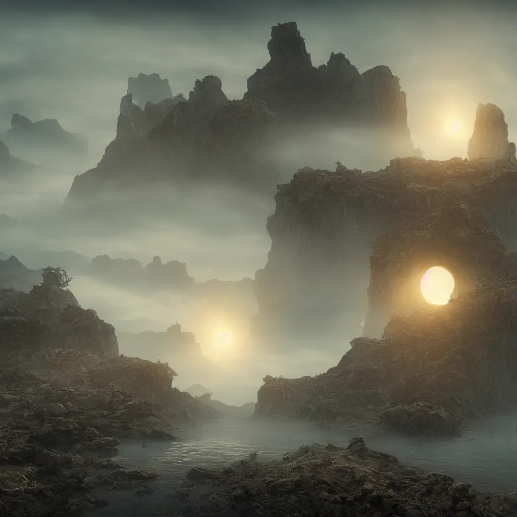 Image similar to An incredibly beautiful but ominous matte painting depicting a landscape with three suns, overgrowing a desolate ruins submerged in fog beneath the setting suns, nvidia, vray, evening, epic scale, octanerender