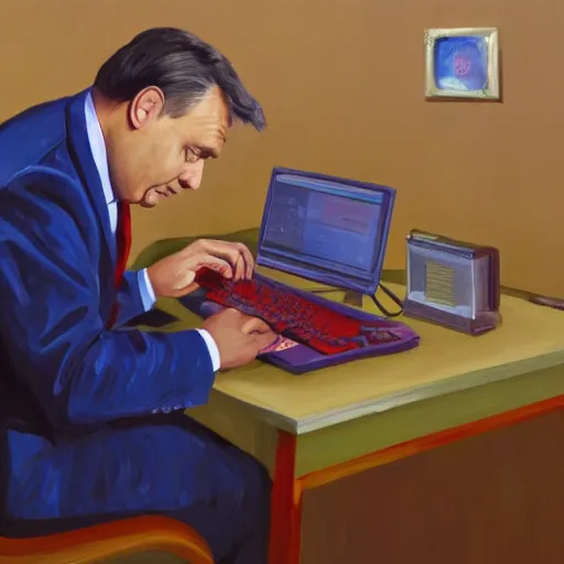 Image similar to viktor orban programming a computer in a cubicle, oil painting