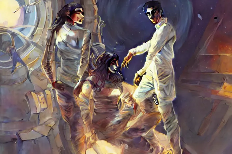 Image similar to Sensual good looking pale young Indian doctors wearing jeans in a space station above Earth, portrait, elegant, intricate, digital painting, artstation, concept art, smooth, sharp focus, illustration, art by artgerm and greg rutkowski and alphonse mucha