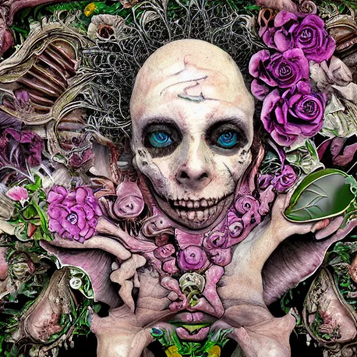 Image similar to a beautiful detailed rococo 8 0's photo of a rotten woman corpse with face muscles, veins, arteries, fractal plants and fractal flowers and mushrooms growing around, intricate, ornate, volumetric light, beautiful lit, beetlejuice