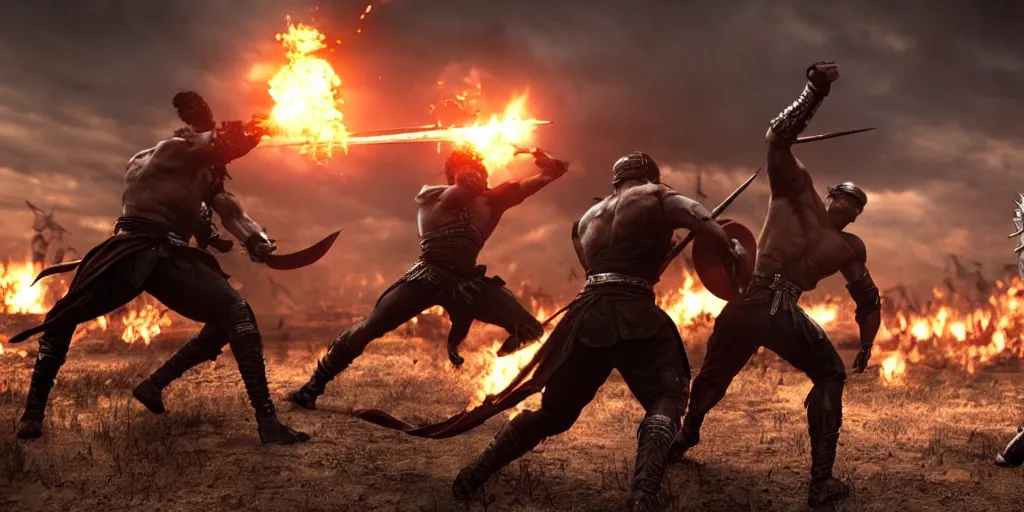 Image similar to epic battle screen of hero, film still from the movie'3 0 0'( 2 0 0 6 ), 3 d, 8 k realistic, cryengine, playstion 5 screen, cinematic lighting