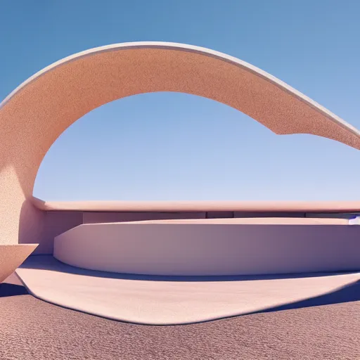 Prompt: surrealist interiors, minimalism, archs, minimal architecture, desert, glass objects, arcs, lakes around, sunny clear sky, redsfhit render