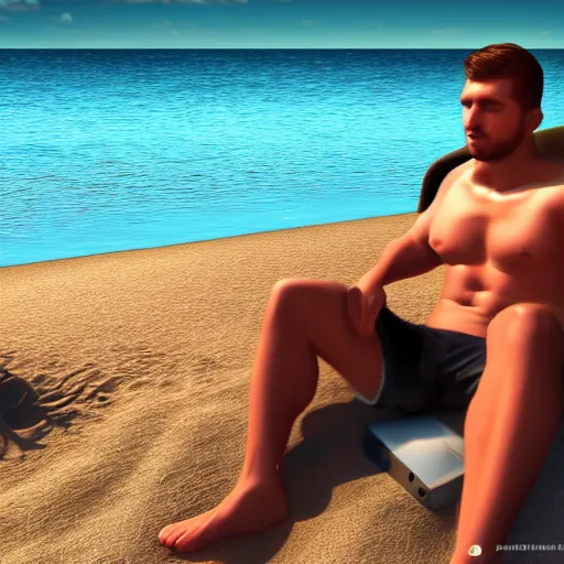 Image similar to a man chilling on the beach drinking golden premium gasoline, realistic, hdr, clear image, hdd, dynamic lighting, rtx on,