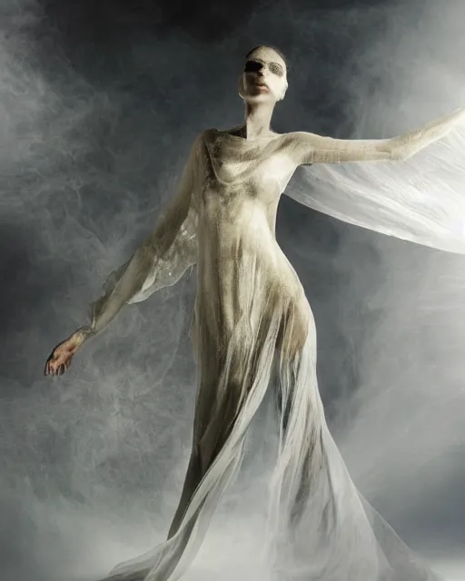 Image similar to mid shot render of an ethereal ghostlike figure fluid simulation in houdini dancing in dark smoke robes and silk veils by ilm, paolo roversi, nick knight, gill elvgren, beautiful futuristic simplified form distorted by turbulent movement, dark studio background, vivid depth, trending on artstation, hyperrealism, matte painting, dutch golden age, fine detail, cgsociety