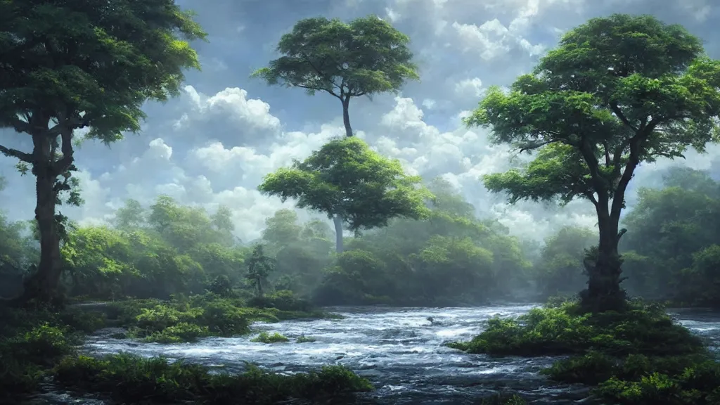 Image similar to very realistic oil painting of a single cloud tree with lots of cloud shaped leaves, A beautiful, highly detailed, masterpiece, next to a small crystal clear river, oil painting by Greg Rutkowski.