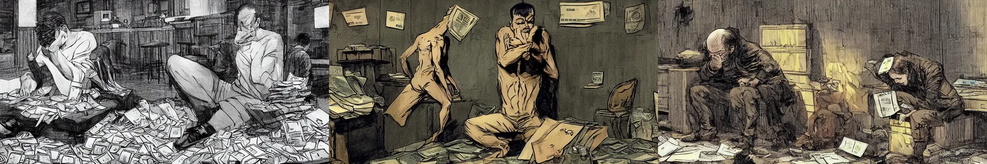 Prompt: wojak losing all his money again in the crypto dump, sad guy, cinematic still by Bernie Wrightson