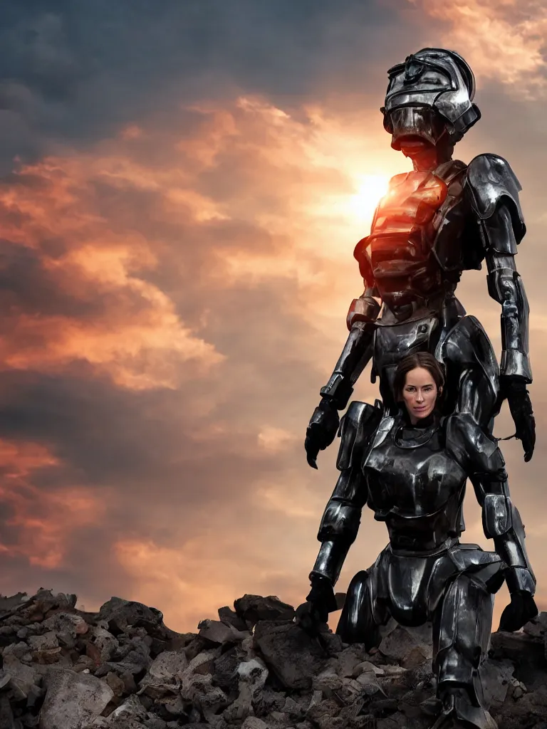 Image similar to emily blunt in futuristic power armor, close up portrait, solitary figure standing atop a pile of rubble, holding a sword on her shoulder, sunset and big clouds behind her