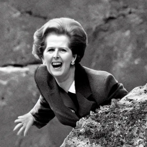 Image similar to margaret thatcher falling from a cliff